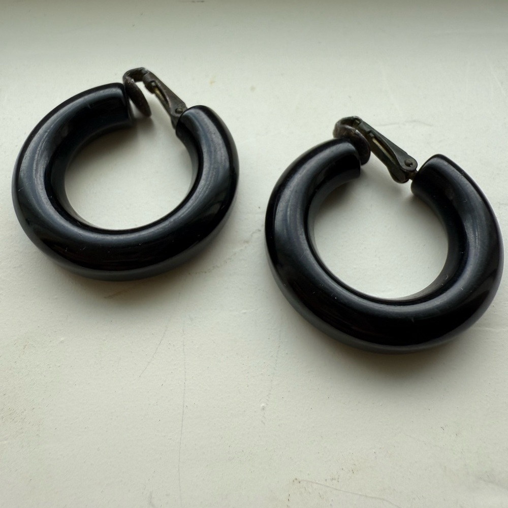 Vintage Black Bakelite Hoop Earrings